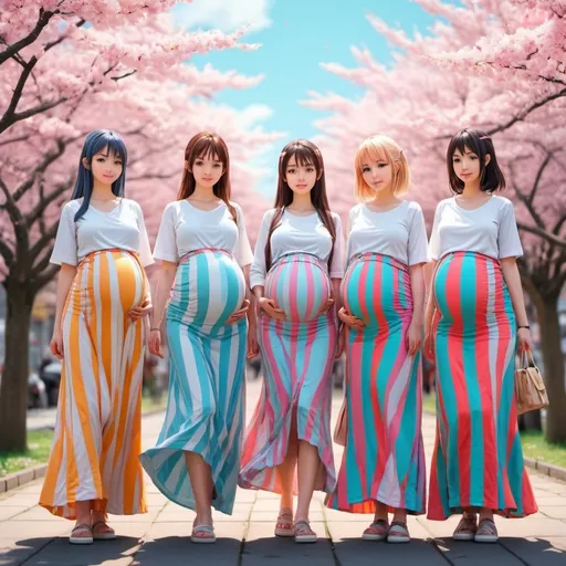 Prompt: Multiple pregnant anime girls wearing maxi long vertical striped skirts. They all look and dressed exactly the same.