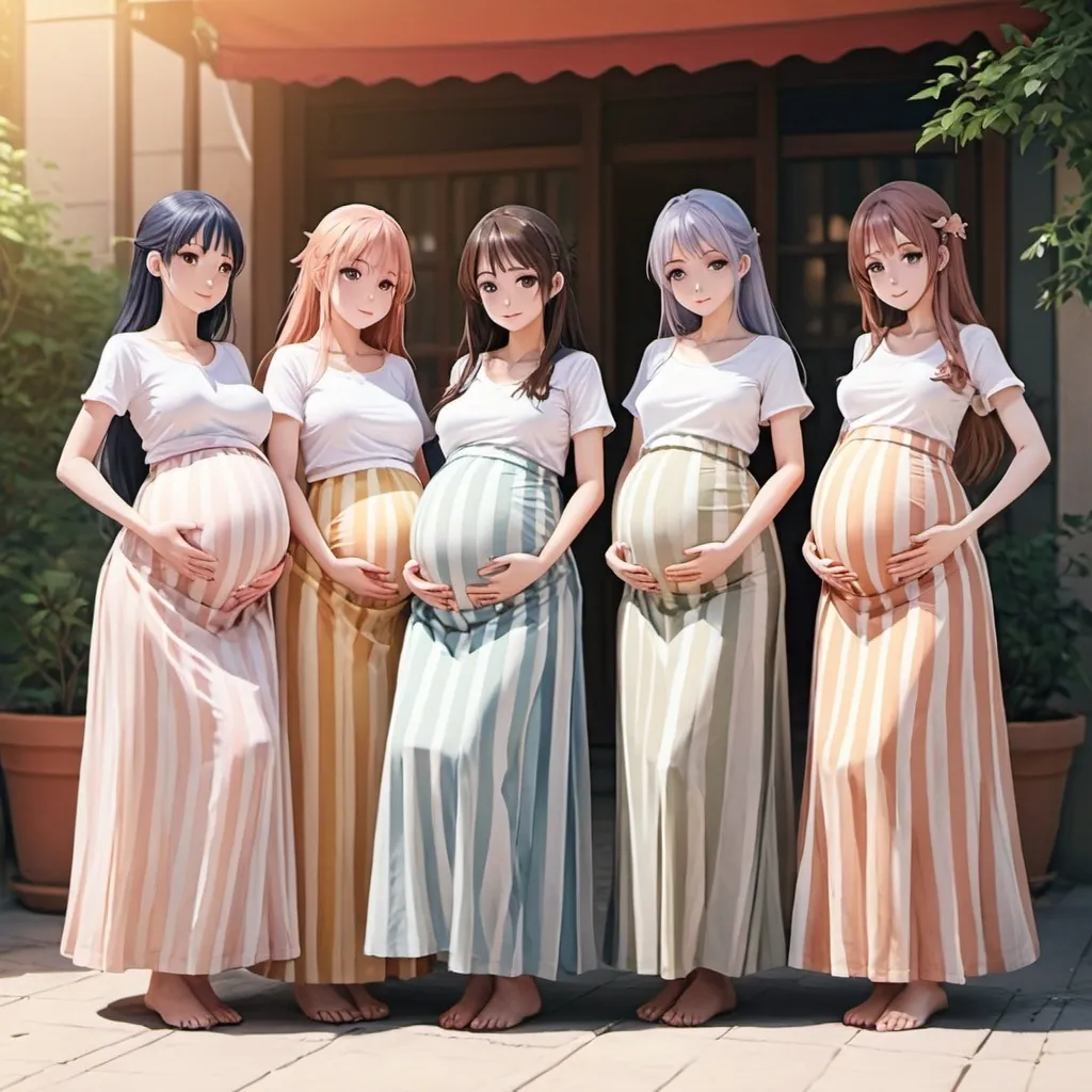 Prompt: Multiple pregnant anime girls wearing maxi long vertical striped skirts. They all look and dressed exactly the same.