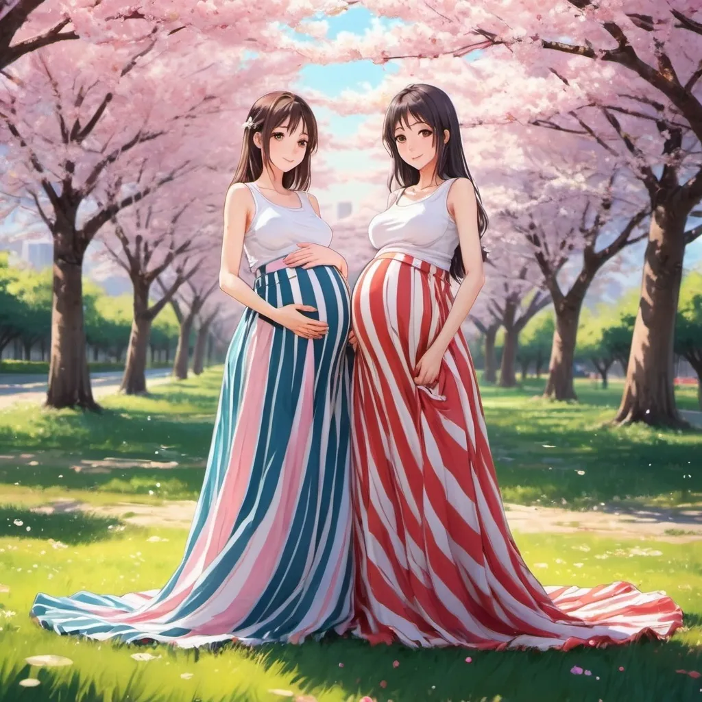 Prompt: Multiple pregnant anime girls wearing maxi long vertical striped skirts. They all look and dressed exactly the same.