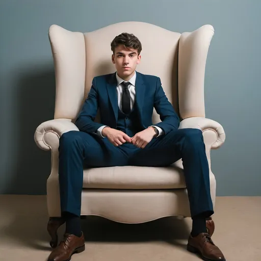 Prompt: Young man in suit comfortably sitting on large armchair, seen from below