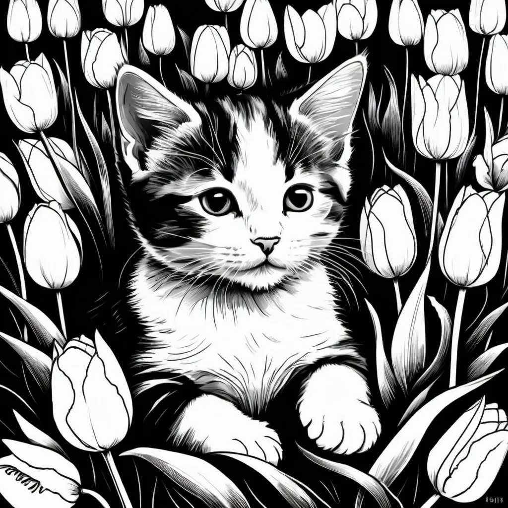 Prompt: B&W sketch of a kitten laying in a field of tulips. Bold lines. Sleeping cat