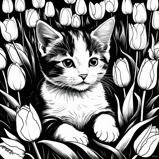 Prompt: B&W sketch of a kitten laying in a field of tulips. Bold lines. Sleeping cat