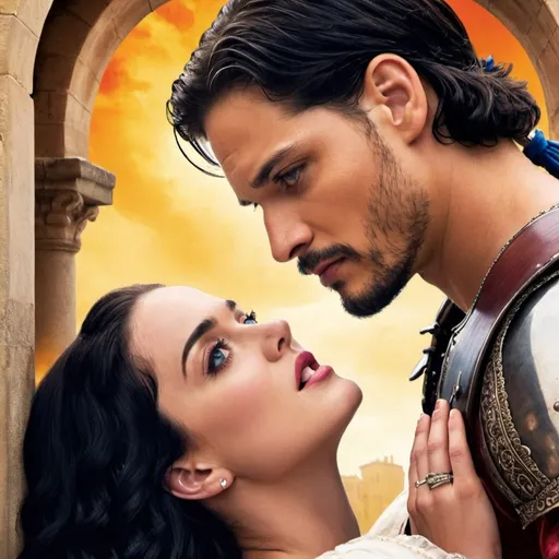 Prompt: a Romeo and Juliet movie poster with Katy Perry playing as Juliet and Joe Manganiello playing as romeo