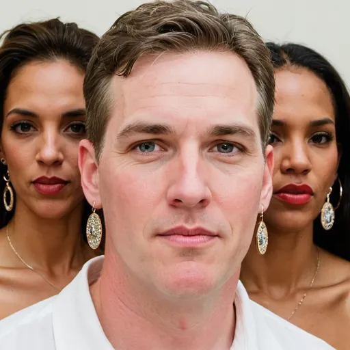 Prompt: A white man with long big earrings surrounded by women. He has 5 earrings on each ear