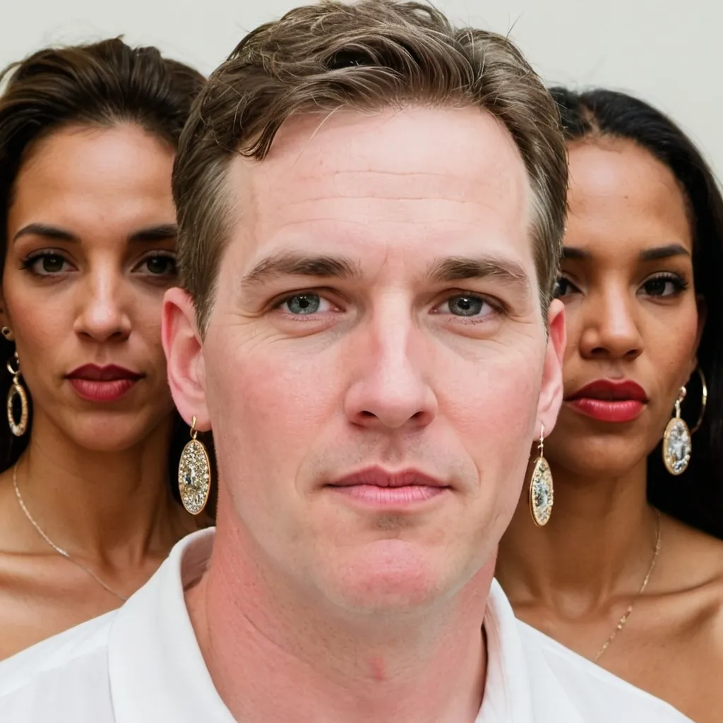 Prompt: A white man with long big earrings surrounded by women. He has 5 earrings on each ear