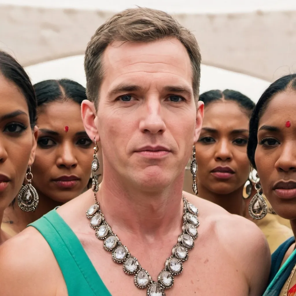 Prompt: A white man with long big earrings surrounded by women