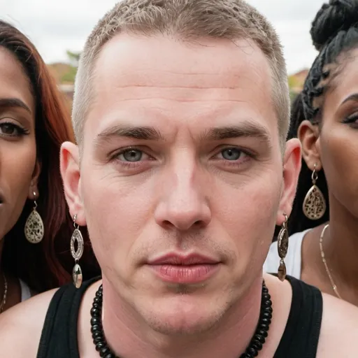 Prompt: A white man with long big earrings surrounded by women. He has a lip piercing