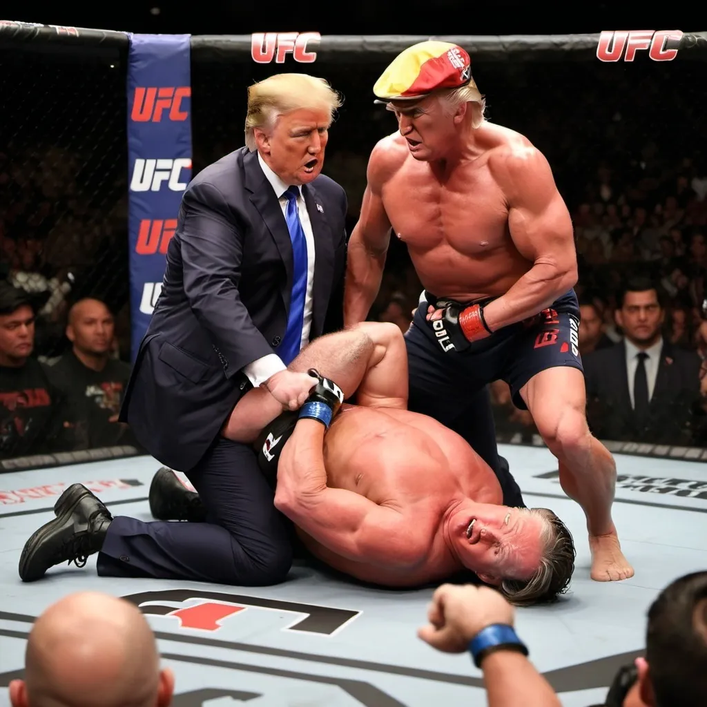 Prompt: Super strong Trump in a UFC fight ring, pinning Gavin Newsom down on the ground