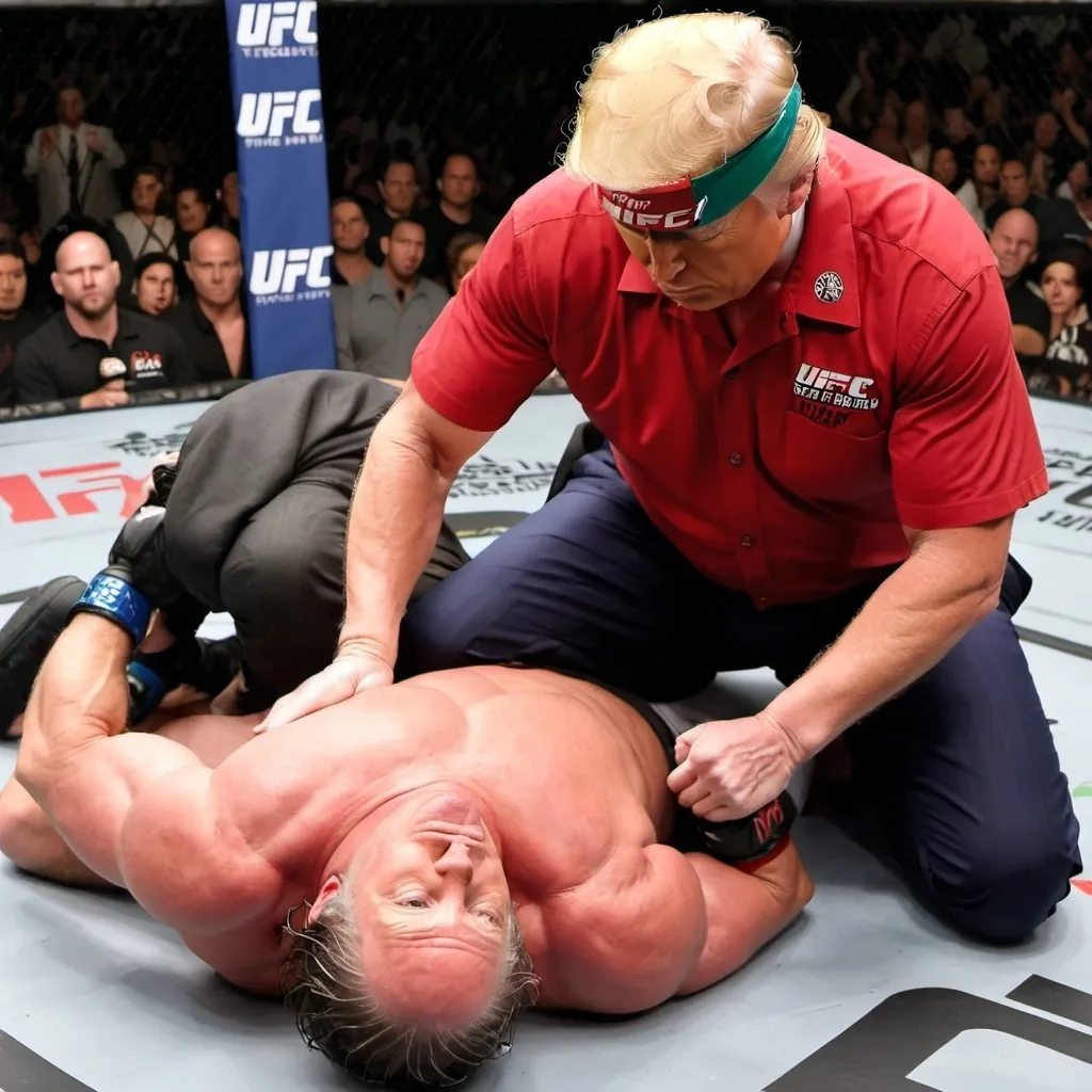 Prompt: Super strong Trump in a UFC fight ring, pinning Gavin Newsom down on the ground