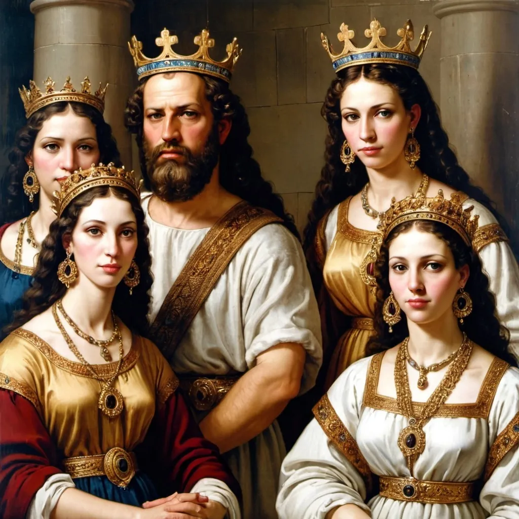 Prompt: King David of Israel with long earrings and his wives