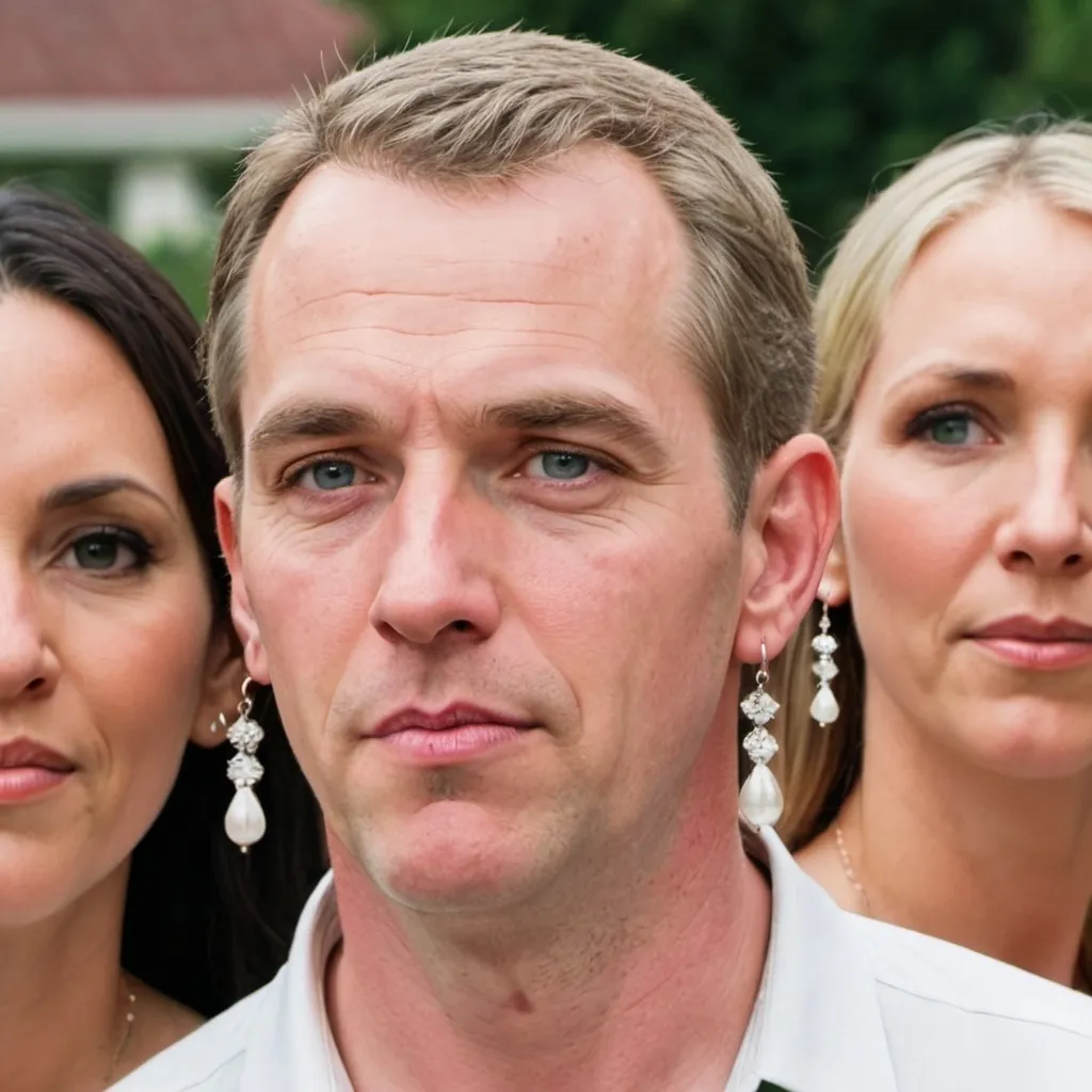 Prompt: A white man with long earrings that weigh down his ear with 4 white wives