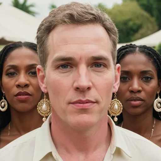 Prompt: A white man with long big earrings surrounded by women