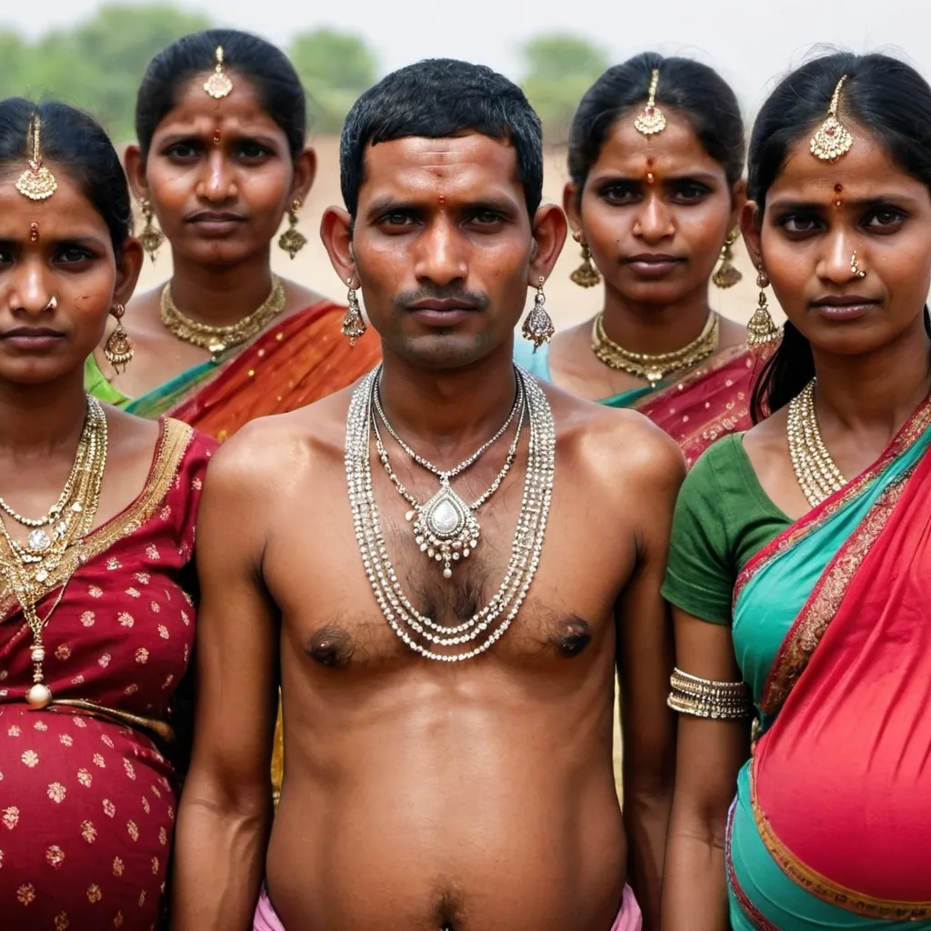 Prompt: A man from India with earrings and 4 pregnant wives