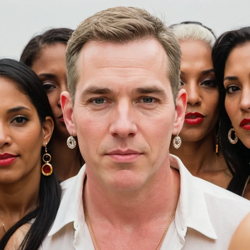 Prompt: A white man with long big earrings surrounded by women