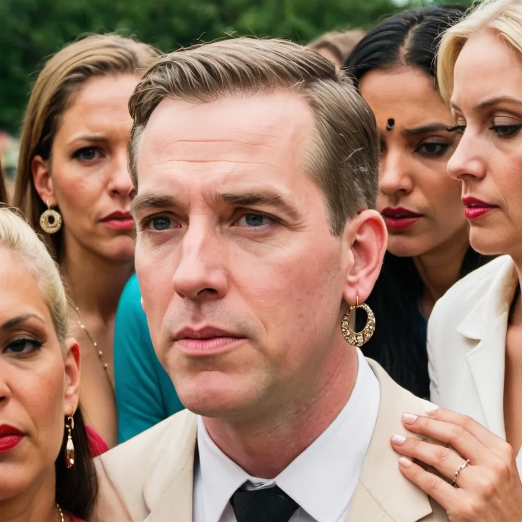 Prompt: A white man with long big earrings surrounded by women. The earrings are weighing down his ear