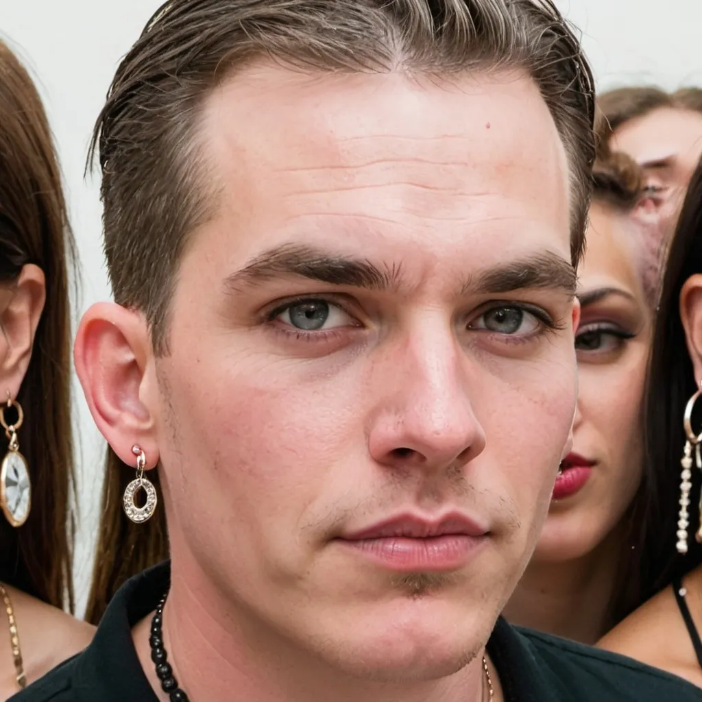 Prompt: A white man with long big earrings surrounded by women. He has earrings and piercings all the way up his ears, and he has lip, nose, and eyebrow piercings