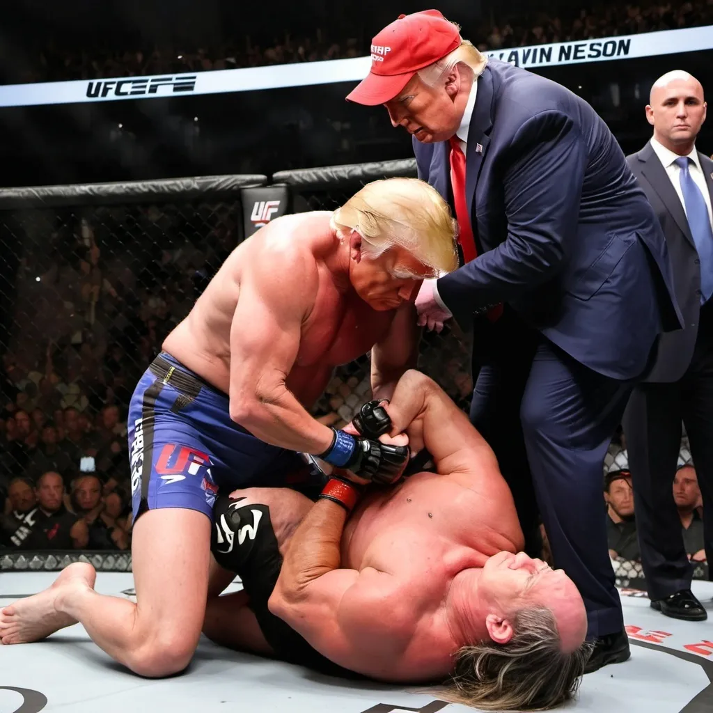 Prompt: Super strong Trump in a UFC fight ring, pinning Gavin Newsom down on the ground