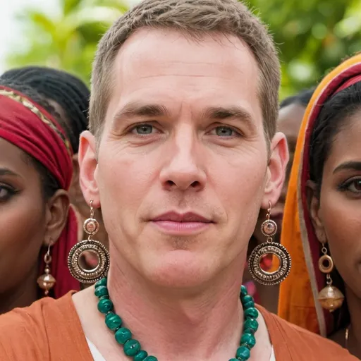 Prompt: A white man with long big earrings surrounded by women