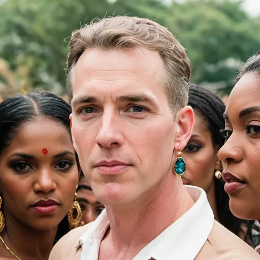 Prompt: A white man with long big earrings surrounded by women