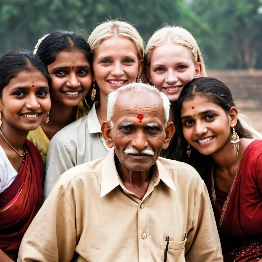 Prompt: An old man from India with earrings and 4 young White wives