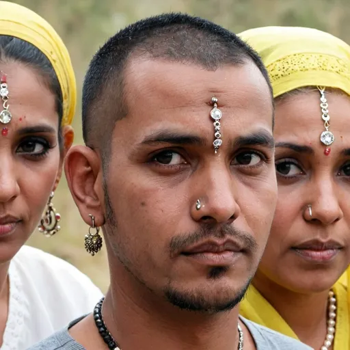 Prompt: A man with 5 piercings on each ear with 5 wives