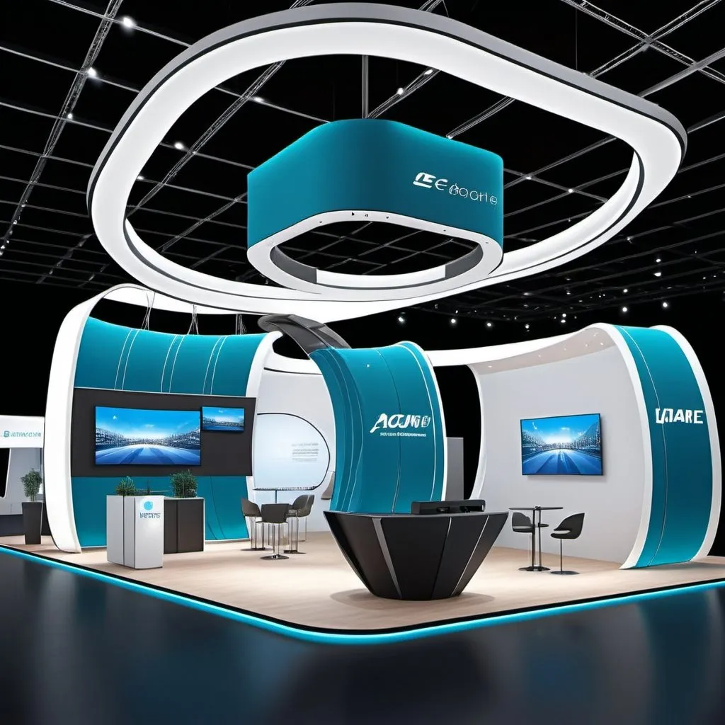 Prompt: Exhibition booth 60 square meters, airline is in the center, modern style, dark cyan color, Open space, Lotus Stylized, huge led screen, one main booth, 10 secondary booth, many led lightings, realistic render