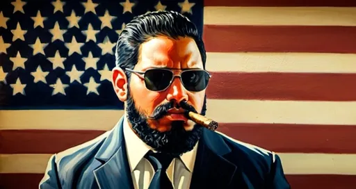 Prompt: Hispanic man in his late 20s with full beard, wearing black sunglasses, lit cigar in mouth, suited, American flag in background, oil painting, ultra-realistic, professional, retro style, warm lighting, detailed facial features, classic