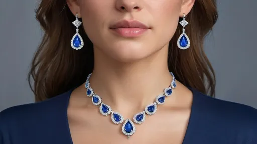 Prompt: a woman wearing a blue and white necklace and earrings with a diamond pear/tear/drop shape, small diamonds, blue sapphire, jewellery design, detailed, full hd, Evert Collier, photorealism, jewelry, a digital rendering, 