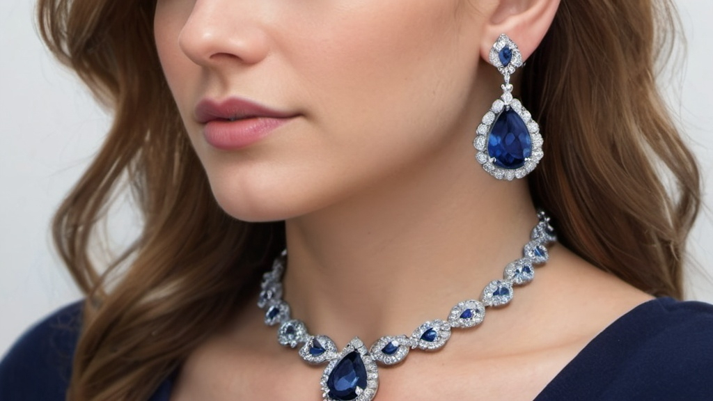 Prompt: a woman wearing a blue and white necklace and earrings with a diamond pear/tear/drop shape, small diamonds, blue sapphire, jewellery design, detailed, full hd, Evert Collier, photorealism, jewelry, a digital rendering, close up of Earings 