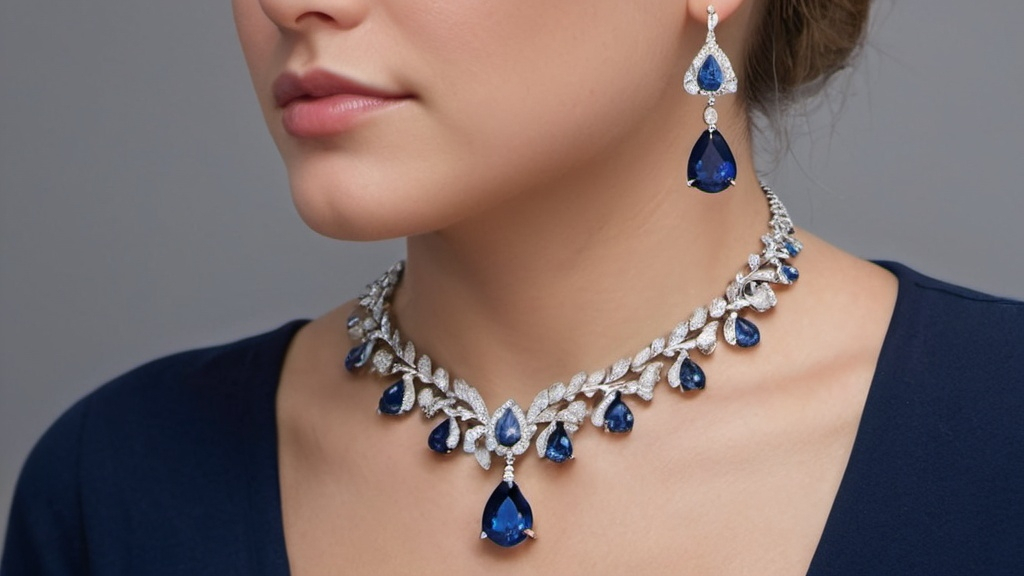 Prompt: a woman wearing a blue and white necklace and earrings with a diamond pear/tear/drop shape, small diamonds, blue sapphire, jewellery design, detailed, full hd, Evert Collier, photorealism, jewelry, a digital rendering, close up of Earings 