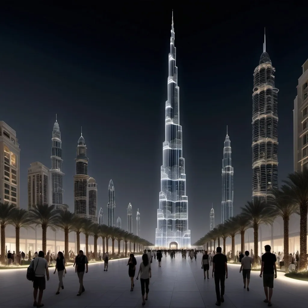 Prompt: Burj khalifa a tall building with a very tall spire in the middle of a city at night time with people walking around, Bruce Munro, kinetic art, at night, a digital rendering