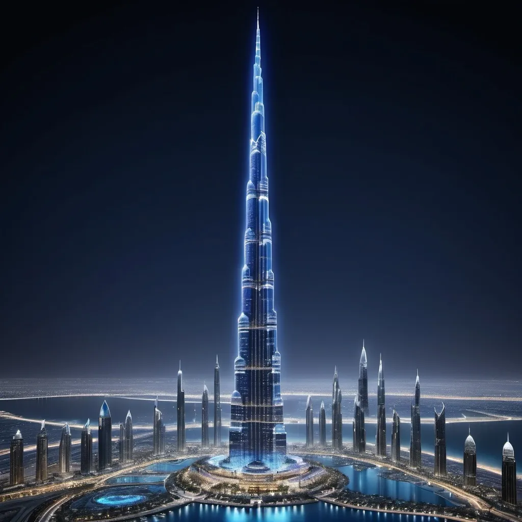 Prompt: Burj khalifa a tall building with a very tall spire in the middle of a city at night time with people walking around, made of small blue sapphire, Bruce Munro, kinetic art, at night, a digital rendering