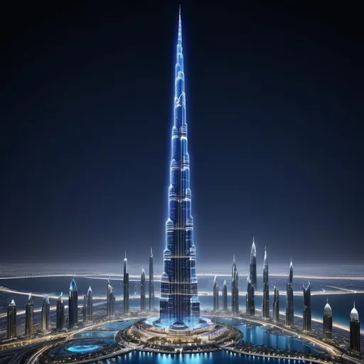 Prompt: Burj khalifa a tall building with a very tall spire in the middle of a city at night time with people walking around, made of small blue sapphire, Bruce Munro, kinetic art, at night, a digital rendering