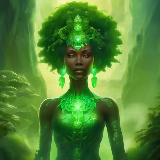 Prompt: A divine humanoid figure representing Cultivation from the fantasy world of Roshar, standing gracefully in a lush valley. She is surrounded by luminous green mist (Lifelight), symbolizing transformation and growth. Cultivation appears as an elegant afro woman with dragon-like scales, glowing green eyes, and a regal, nurturing presence. Around her, vibrant rockbuds—plants with hard, stone-like shells and delicate tendrils extending outward after a storm—thrive, adding an alien botanical touch. Looming in the background is a towering chasmfiend, an immense crustacean with a violet carapace, numerous interlocking plates, and 18 legs, exuding raw power and otherworldly majesty. The scene is richly detailed, mystical, and vividly alien, reflecting the ecology and magic of Roshar.