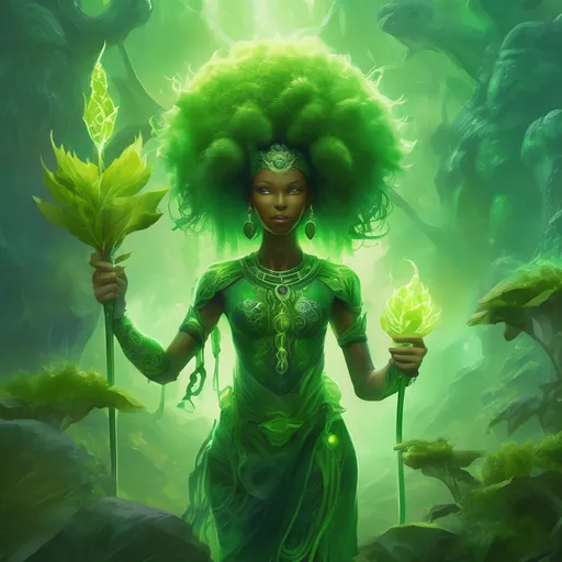 Prompt: A divine humanoid figure representing Cultivation from the fantasy world of Roshar, standing gracefully in a lush valley. She is surrounded by luminous green mist (Lifelight), symbolizing transformation and growth. Cultivation appears as an elegant afro woman with dragon-like scales, glowing green eyes, and a regal, nurturing presence. Around her, vibrant rockbuds—plants with hard, stone-like shells and delicate tendrils extending outward after a storm—thrive, adding an alien botanical touch. Looming in the background is a towering chasmfiend, an immense crustacean with a violet carapace, numerous interlocking plates, and 18 legs, exuding raw power and otherworldly majesty. The scene is richly detailed, mystical, and vividly alien, reflecting the ecology and magic of Roshar.