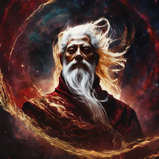 Prompt: Create an image of a powerful, god-like figure suspended in an endless void. This figure is Odium, with white hair and a long white beard, appearing to be in his 60s. His form is bathed in deep red and gold hues, reflecting his Investiture. The background is dark and vast, with swirling cosmic energy around him. The figure should convey an aura of immense power and hatred, yet also a calm, almost regal demeanor.