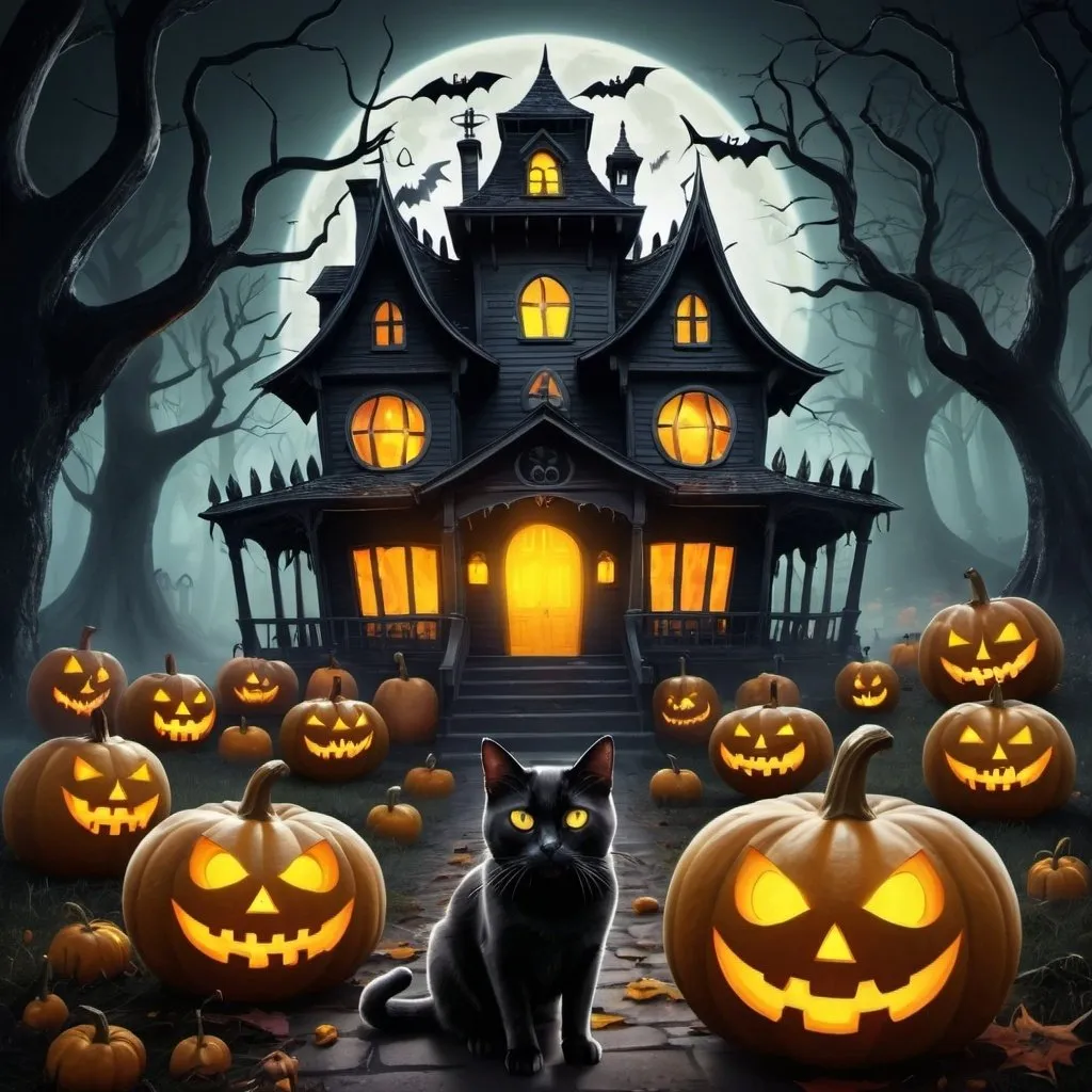 Prompt: spooky forest with a haunted house in the middle, a lot of halloween pumpkins around and a black cat with yellow eyes