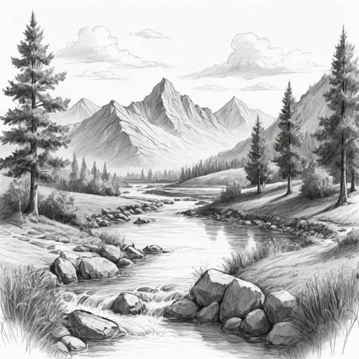 Prompt: Make a sketch of a beautiful landscape with mountains, rivers, streams, fields, trees, forests, wind, sun.