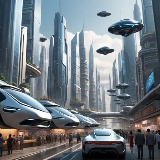 Prompt: Technological Future:
	•	Scene: A futuristic cityscape with flying cars, robots, and advanced buildings.
	•	Description: The skyline is filled with sleek skyscrapers, with flying cars zooming through the air and robots assisting humans on the streets.