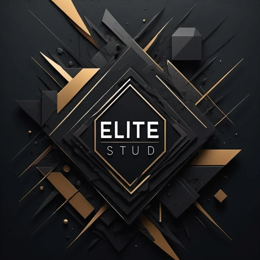 Prompt: (accurately spelled text "(Elite Stud"), abstract art style, dark color scheme, bold geometric shapes, fluid lines, textured layers, moody atmosphere, deep shadows, hints of contrasting colors, high contrast, dynamic composition, enthralling visual elements, modern aesthetic, cinematic depth, ultra-detailed, visually compelling.