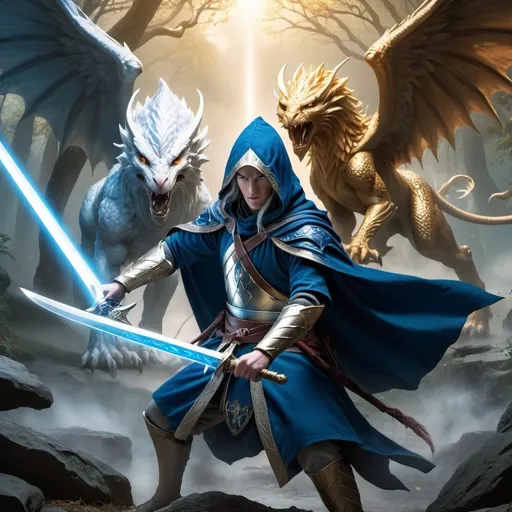 Prompt: A tolkien high elf wearing a blue hooded cloak is wielding a white glowing samurai sword and is facing off against a griffin/manticore hybrid