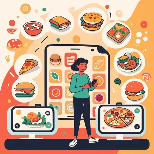 Prompt: "An illustration of a happy user holding a smartphone, browsing through an app with various food options. The screen displays colorful icons or thumbnails of different cuisines (like pizza, sushi, burgers, and salads) to showcase variety. Behind the user, there are soft, abstract icons or images of restaurant storefronts to represent different dining options. The user appears delighted and engaged, creating an inviting and vibrant atmosphere