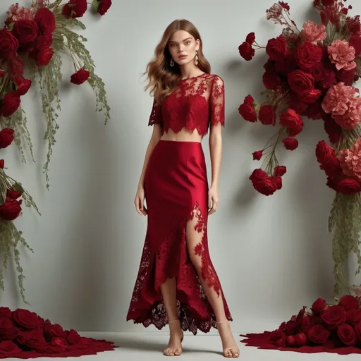 Prompt: (Full body image of a model), showcasing a stylish two-piece set dress, featuring intricate (crimson lace) flowery lace , midi length , with a comfortable fit. The fabric glimmers softly in ambient light, to evoke a realistic and vibrant appearance.