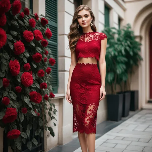 Prompt: Elegant full lace dress , two piece , column,  flowery lace , crimson , midi length , realistic,  full body 