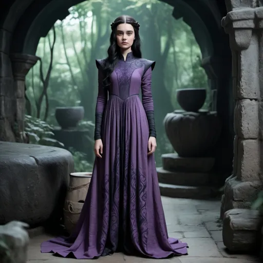Prompt:  fantasy old long dress , game of thrones inspiration design, closed neck , comfortable , black and purple, black hair , linen fabric
