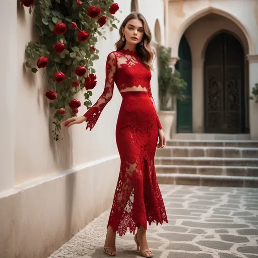 Prompt: (Full body image of a model), showcasing a stylish two-piece set dress, featuring intricate (crimson lace) flowery lace , midi length , with a comfortable fit. The fabric glimmers softly in ambient light, to evoke a realistic and vibrant appearance.