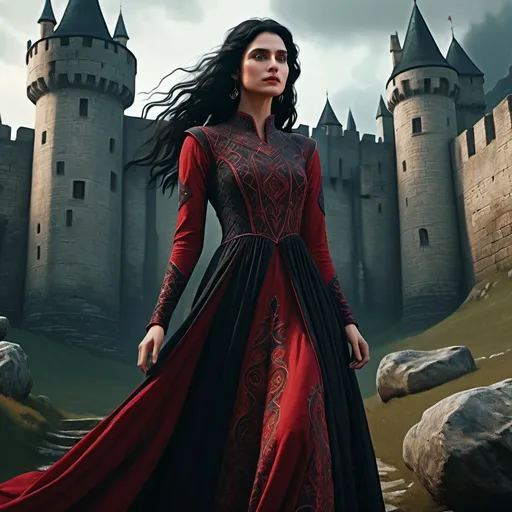 Prompt:  fantasy old long dress , Rohan inspiration design, closed neck , comfortable , black and red, black hair 