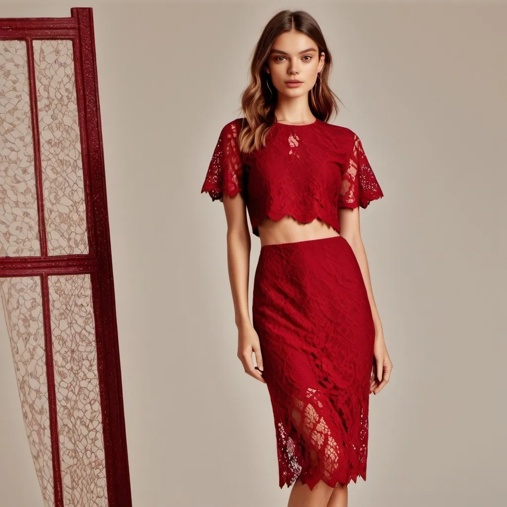 Prompt: (Full body image of a model), showcasing a (stunning two-piece set dress), made of intricate (chic crimson lace), midi length with elegant (t-shirt sleeves), emphasizing a (comfortable fit). Realastic.