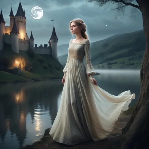 Prompt: fantasy old long dress , simple ,boat neck , long flitted sleeve