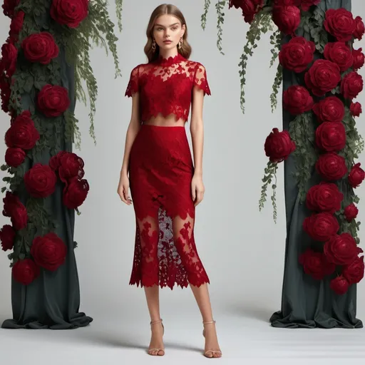 Prompt: (Full body image of a model), showcasing a stylish two-piece set dress, featuring intricate (crimson lace) flowery lace , midi length , with a comfortable fit. The fabric glimmers softly in ambient light, to evoke a realistic and vibrant appearance.